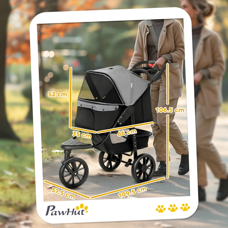 PawHut 2 in 1 Passeggino per Cani Pieghevole a 3 Ruote con Freno, Cestino Portaoggetti e Porta Bottiglia, in Acciaio e Oxford, Grigio e Nero, 109.5x57.5x106.5cm