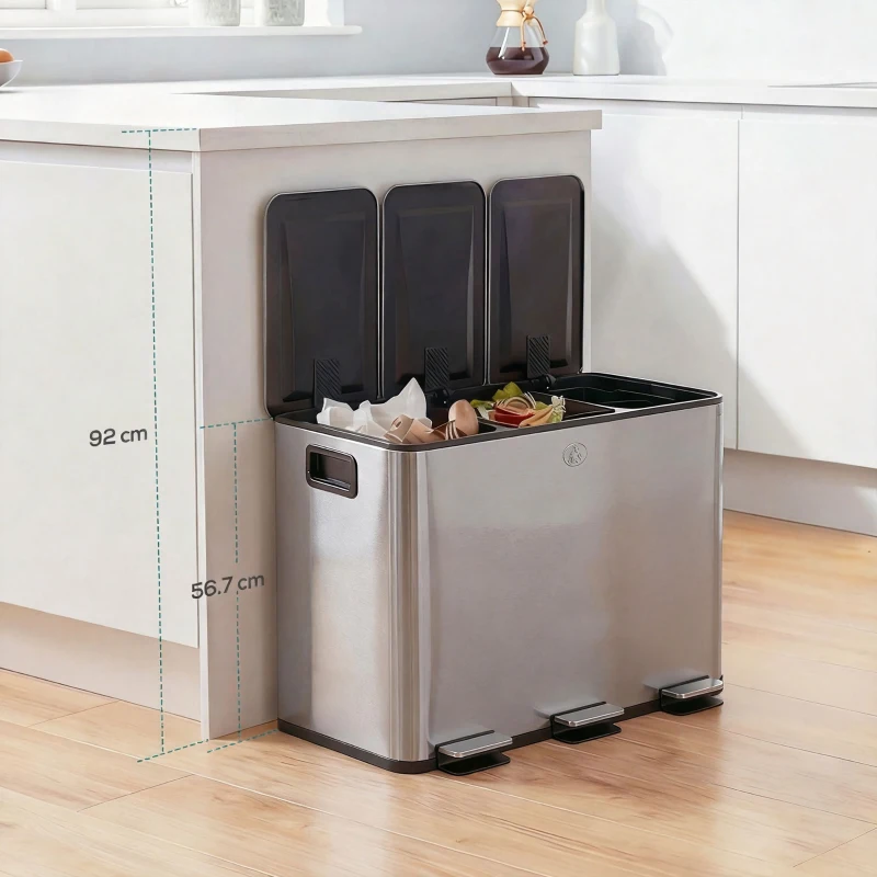 HOMCOM Poubelle de cuisine, poubelle tri sélectif, 3 compartiments de 20L, seaux intérieurs amovibles, 61,9x36,6x56,7cm, argent