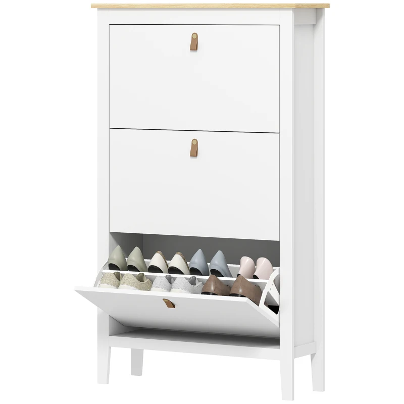 HOMCOM Sapateira para Entrada com 3 Gavetas Prateleiras Ajustáveis e Puxadores em PU para 21 Pares de Sapatos 80x24x131 cm Branco