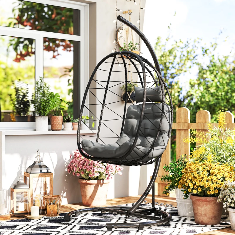 Outsunny Hangstoel voor buiten, Ei stoel, weerbestendig, inclusief kussen, 102 cm x 102 cm x 195 cm, Donkergrijs