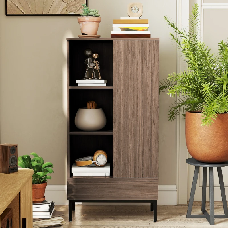 HOMCOM Aparador para Salón Moderno con Puerta Cajón Estante Ajustable y 3 Compartimentos Abiertos 60x34x121 cm Natural