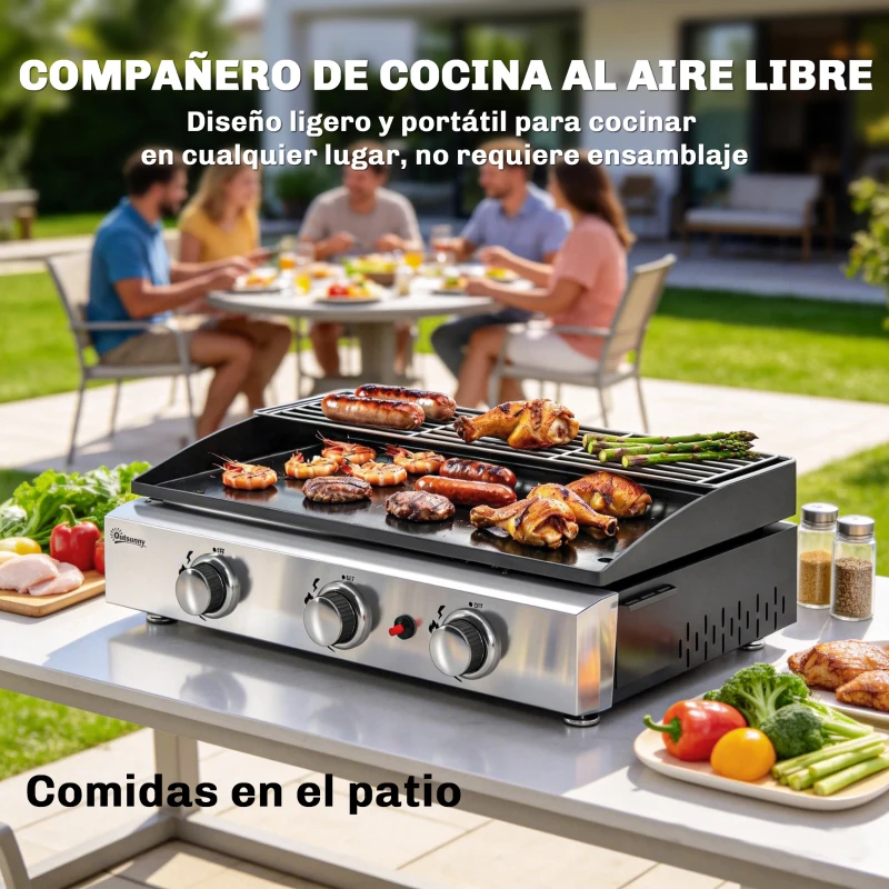 Outsunny Barbacoa de Gas con 3 Quemadores 7,5 kW Barbacoa Portátil con Plancha Rejilla Calentadora y Recogedor Grasa Negro