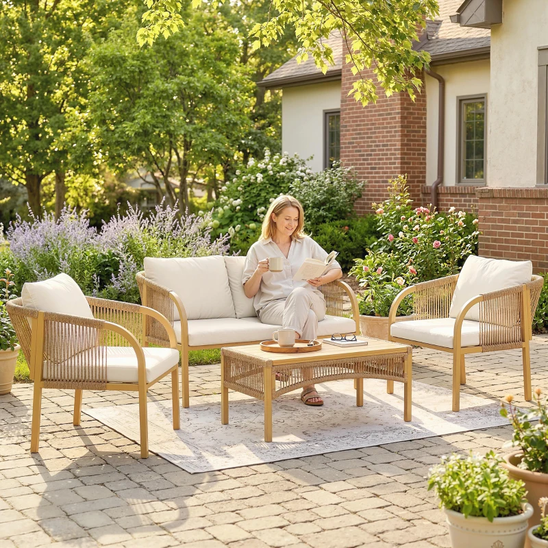 Outsunny Salon de Jardin Extérieur 4 Pièces avec Canapé 2 Fauteuils Table Coussins, Acier Résine Tressée, 120x72x73cm, Kaki