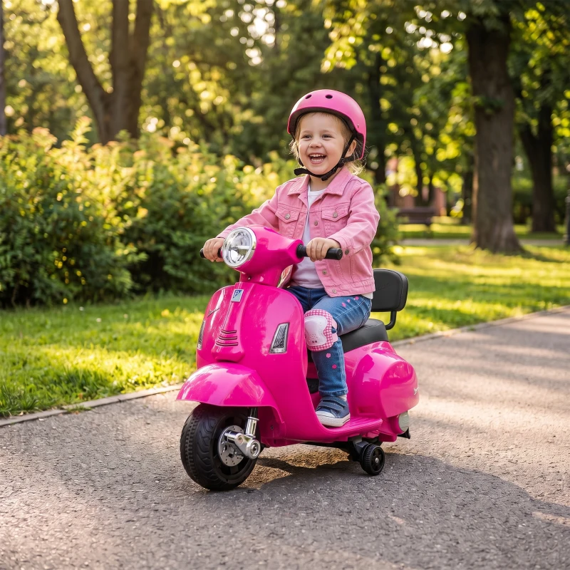 AIYAPLAY Mota Elétrica Infantil com Licença Mini Vespa GTS, 2 Rodas Auxiliares, Bateria de Lítio, Farol, Buzina, Encosto, Rosa