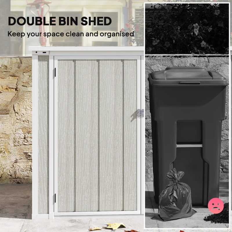 Outsunny 4.7 x 2.5FT Garden Shed, Double Bin Storage Shed with Lockable Doors, Outdoor Small Shed with Openable Lid for 2 Trash Cans, Garden Tools, Light Grey