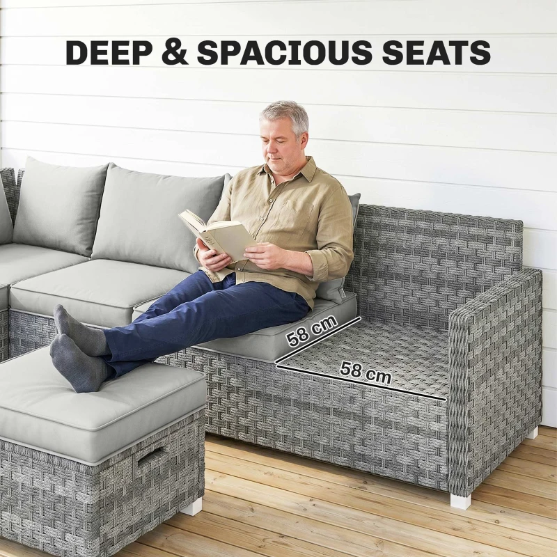 Outsunny 6 Seater Rattan Garden Furniture Set with 3 Sofas, 2 Footstools, Table, Patio Rattan Furniture Sofa Sets, Grey