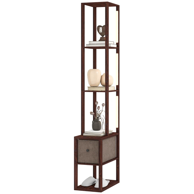 HOMCOM Floor Lamp with Shelves, LED Column Modern Standing Lamp with Fabric Drawer, Adjustable Brightness, Foot Switch for Living Room, Bedroom, Office, Dark Brown