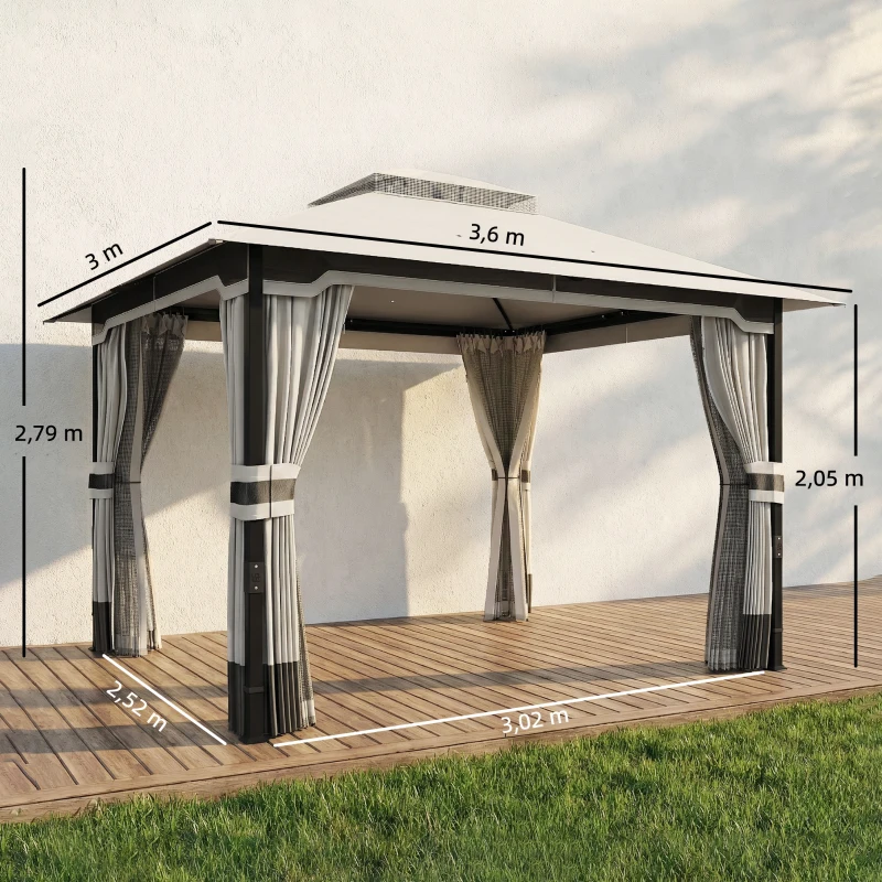 Outsunny Carpa para Jardín con Techo Doble Cenador con 4 Paredes y Mosquitera para Exterior Terraza 360x300x279 cm Gris Claro