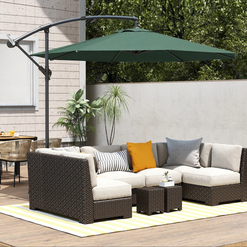 Outsunny 3 m Overhanging Cantilever Parasol, with Cross Base - Dark Green