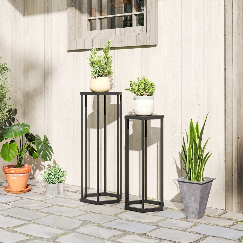 Outsunny Lot de 2 supports pour plantes, tabouret à fleurs hexagonal en métal, intérieur et extérieur, noir