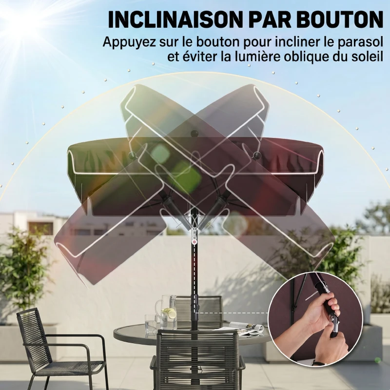 Outsunny Parasol de jardin Parasol droit rectangulaire inclinable alu métal polyester haute densité 2 x 1,3 m chocolat