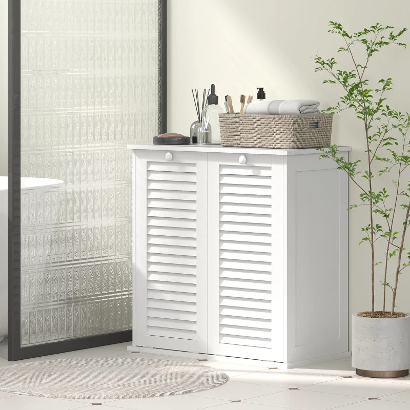 HOMCOM Meuble salle de bain avec panier à linge armoire salle de bain en bois portes persiennes 2 paniers 70 x 38 x 73 cm blanc