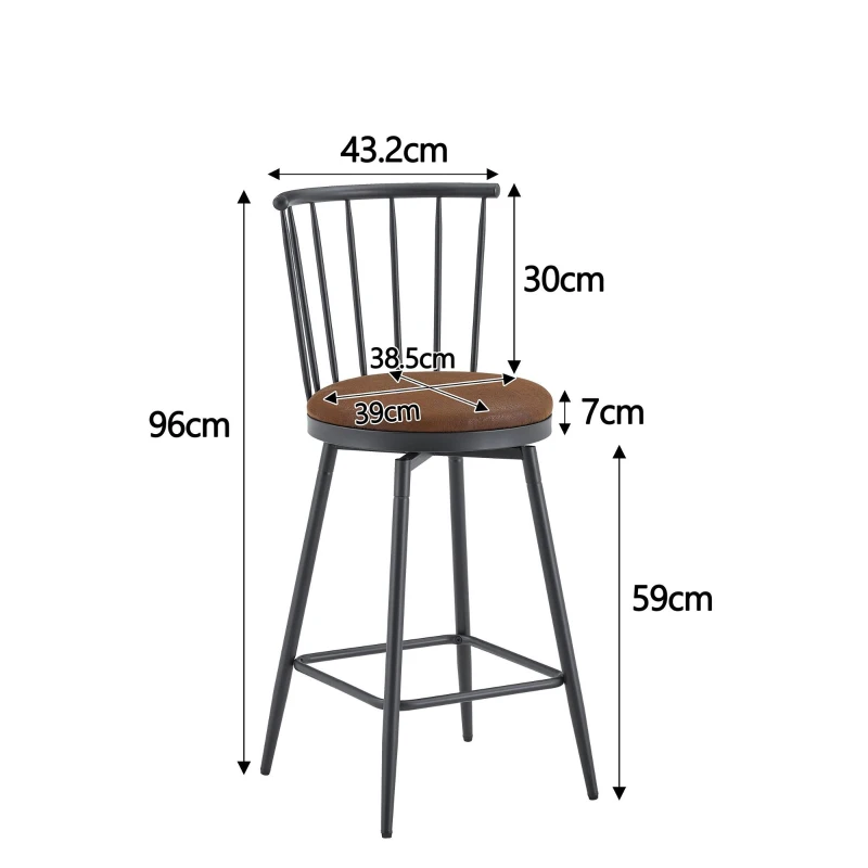 Tabouret de bar style Windsor en métal, assise ronde rembourrée, 39x39x96 cm, Marron