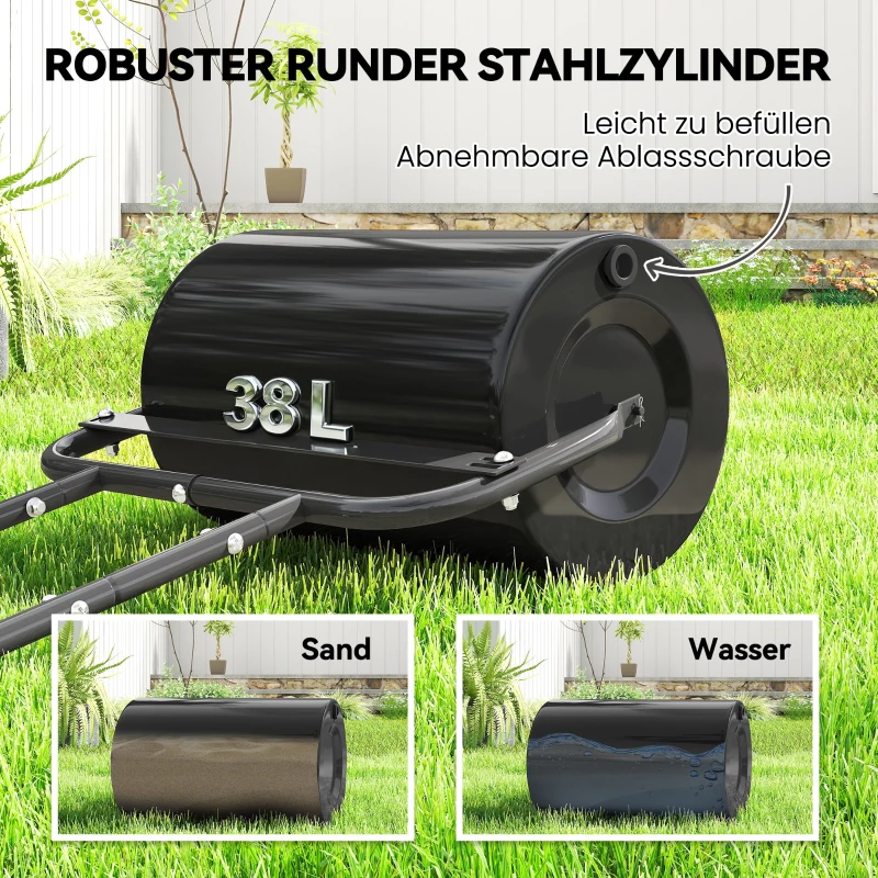 Outsunny gazonwals met U-handgreep, tuinwals, tuinroller, 32 cm diameter, vulling 38 l water/62 kg zand, metaal, zwart 59 x 32,5 x 107 cm
