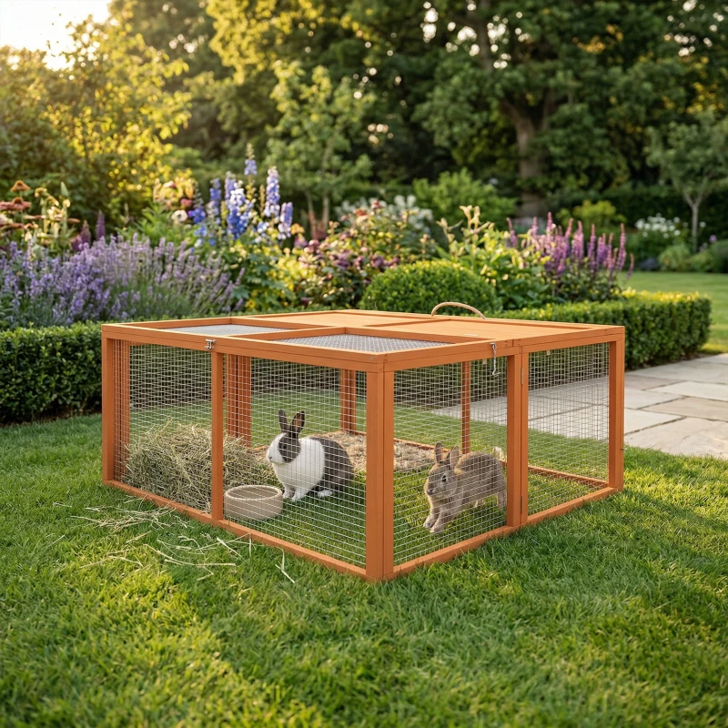 PawHut Conigliera da Esterno Pieghevole per 2-3 Roditori con Ingressi Multipli, in Legno e Acciaio, 110x105x50 cm, Arancione