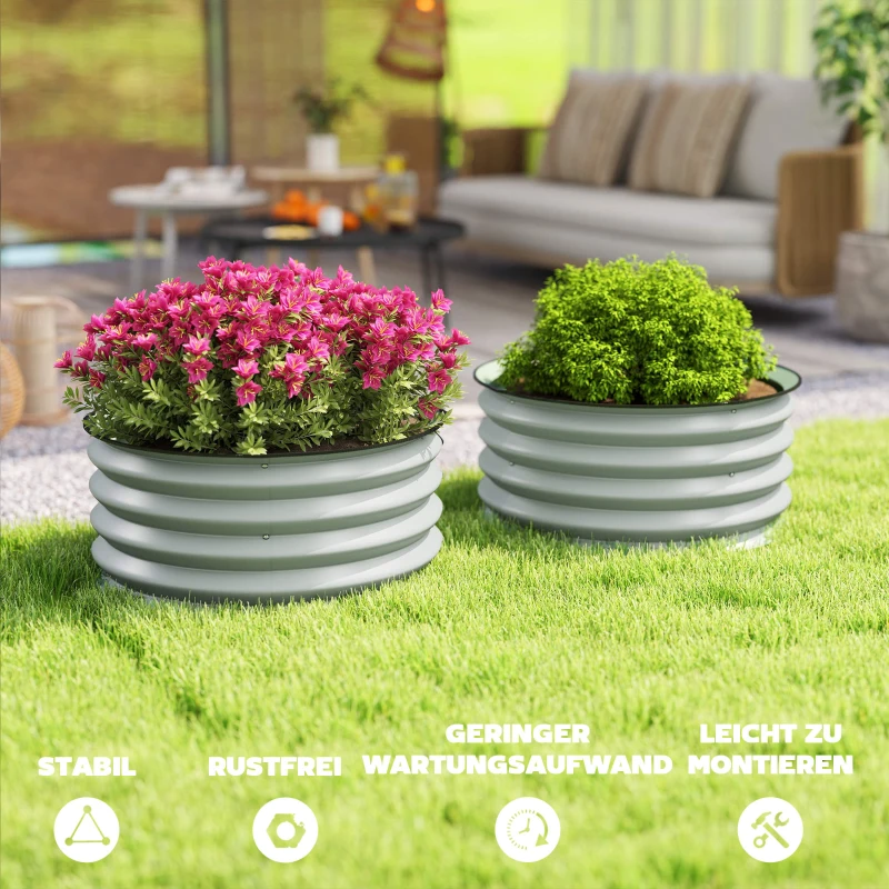 Outsunny 2-delige Set Verzinkte Plantenbakken, Ø60 x 30H cm Bloempotten met Open Bodem voor Verschillende Planten, Groen