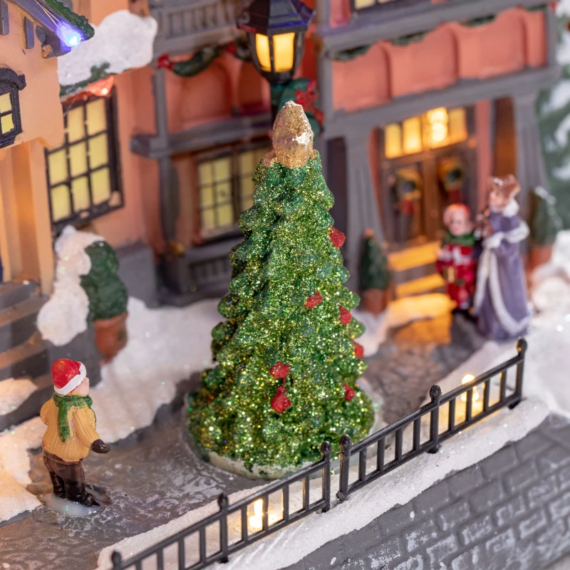 HOMCOM Pueblo Navideño Escena Navideña con Luces Papá Noel y Renos Móvil Decoración de Navidad 38,5x20,5x33cm Multicolor