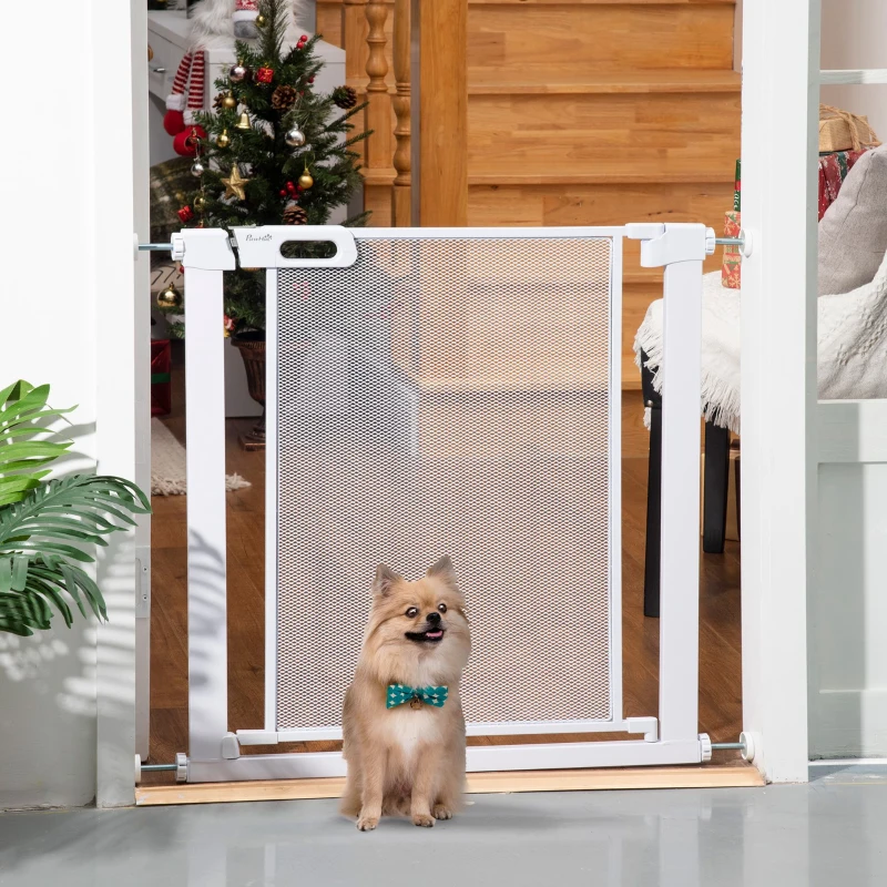 PawHut Barrière de sécurité pour animaux domestique avec fermeture automatique double verrouillage largeur 75-82 cm blanc