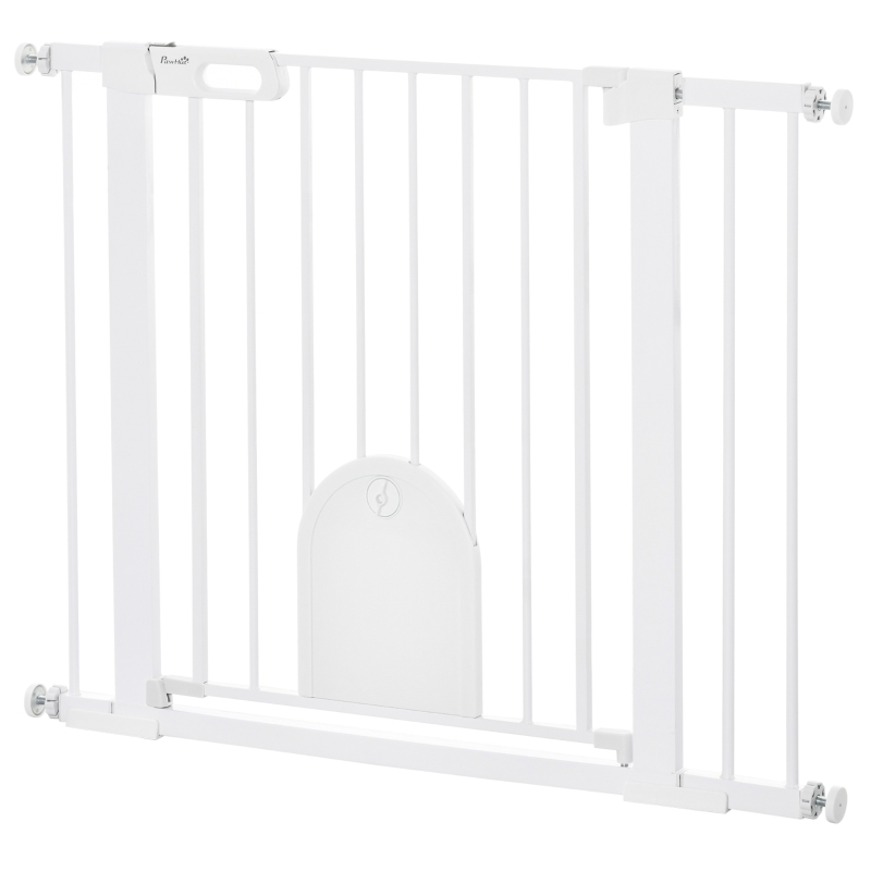 PawHut Barrière de sécurité animaux avec porte fermeture automatique système de double verrouillage, acier blanc