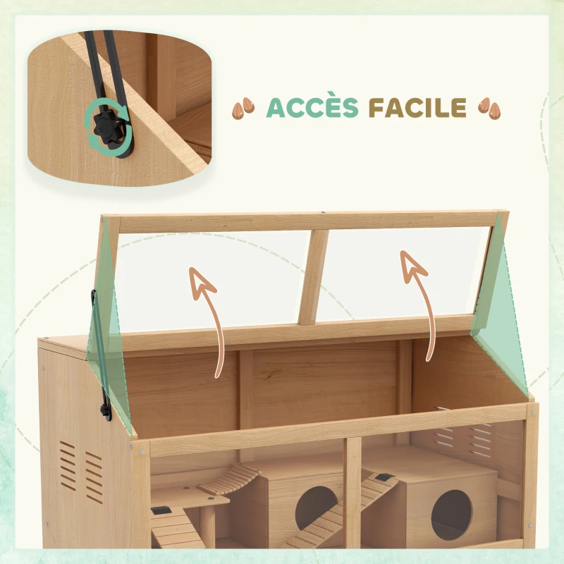 PawHut Cage hamster en bois habitat grand pour rongeur ventilation couvercle ouvrant et accessoires 85x45x44cm bois naturel