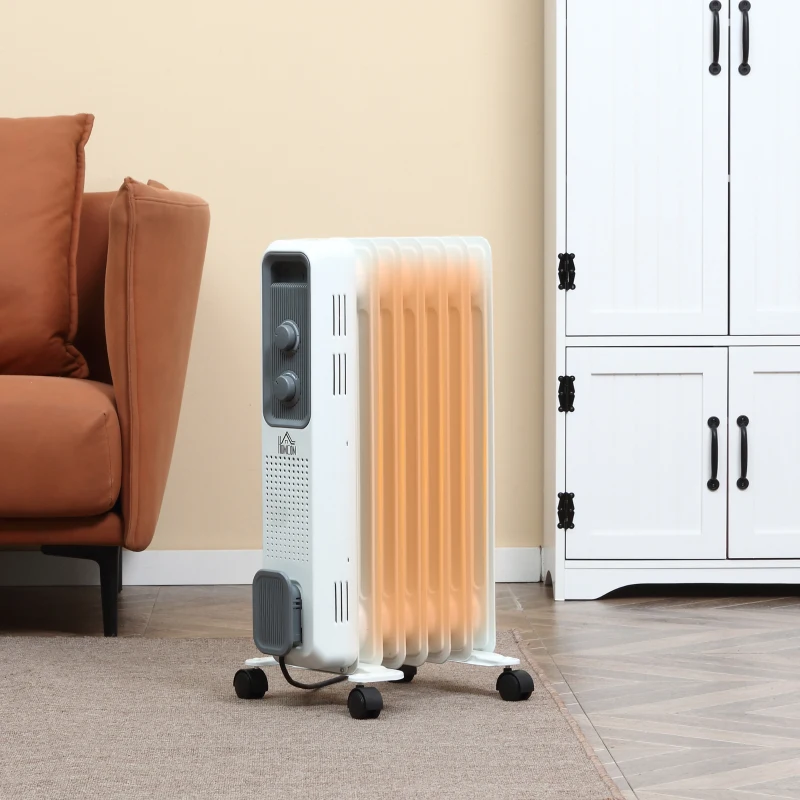 HOMCOM Portable Oil Filled Radiator, 7 Fins Electric Heater with Adjustable Thermostat, 3 Heat Settings and Safe Power-Off, White