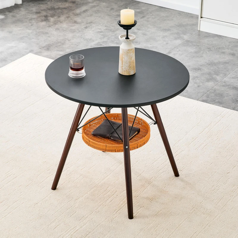 Table ronde 80 cm, idéale pour petits espaces, panier de rangement suspendu tressé, 80x80x71,5 cm, Noyer+Noir