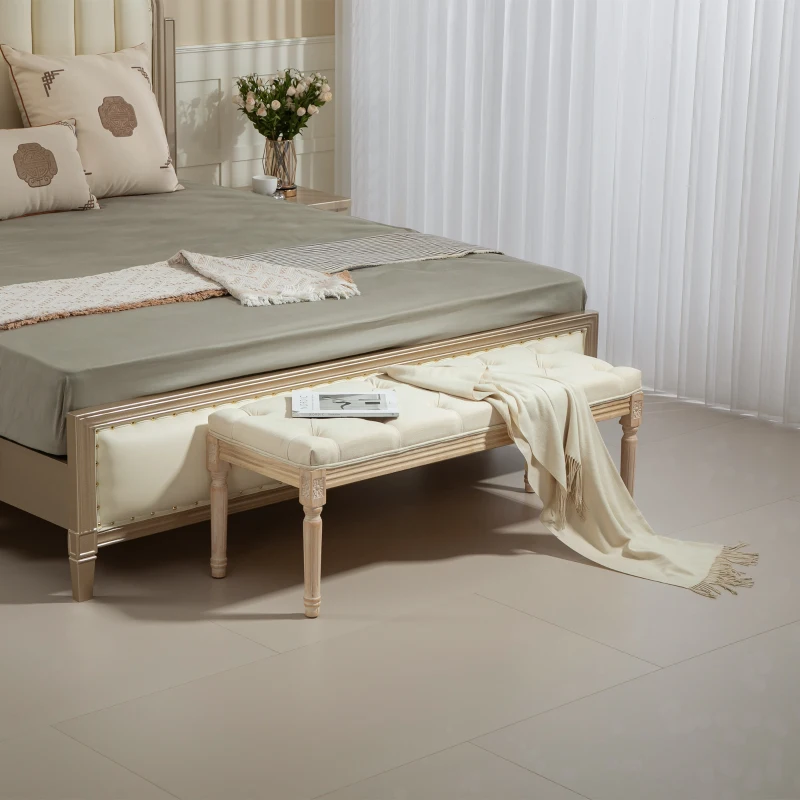 HOMCOM Banc Banquette classique capitonné 115cm bout de lit Rembourrée en lin - bois d'hévéa sculpté, patiné - crème