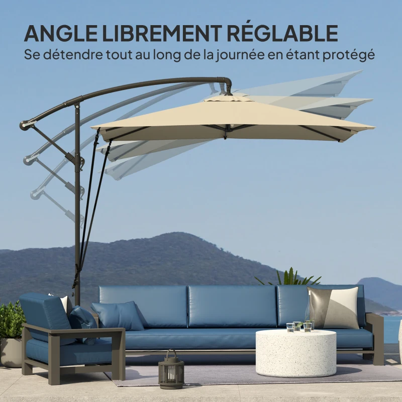 Outsunny Parasol déporté, parasol de jardin extérieur, Toile ajustable, 8 baleines, base en croix et manivelle, 2,5 x 2,5 m, kaki