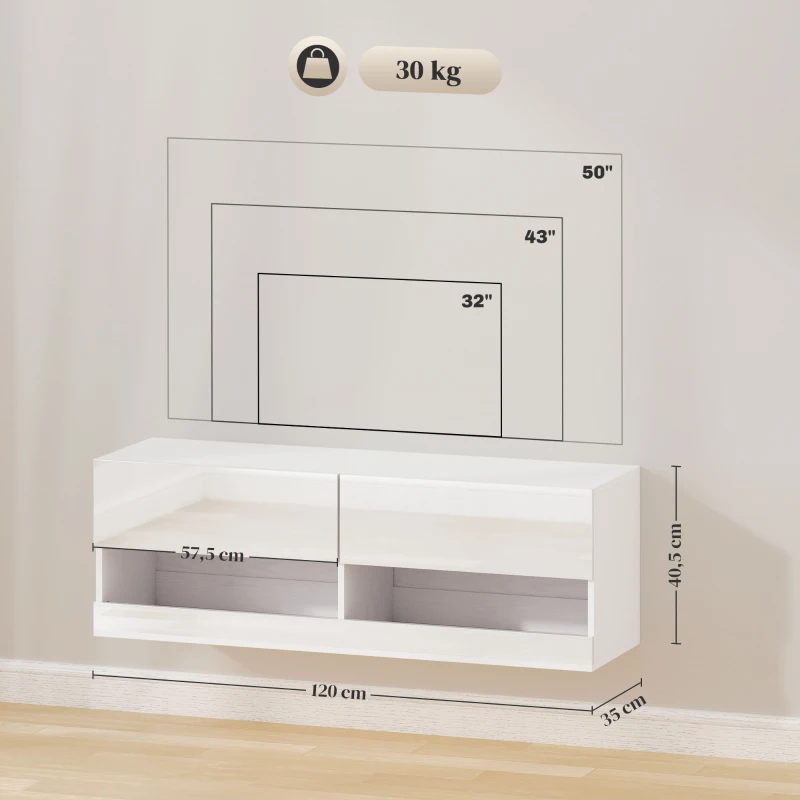 HOMCOM Hangende TV-kast met LED-verlichting, 16 knippermodi, Wandgemonteerd tv-meubel, Open schappen, 120 x 35 x 40,5 cm, Wit