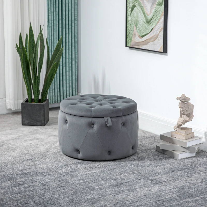 HOMCOM Poef, rond, met opbergruimte, doorgestikt ontwerp met knopen, bekleding in fluwelen uiterlijk, grijs, 60 x 60 x 40 cm