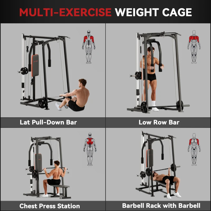 SPORTNOW 3-in-1 Smith Machine with Dual Cable Pulley System, Chest Press Station, 17-Level Squat Rack and Barbell Bar