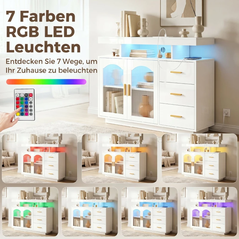 HOMCOM Dressoir met ledverlichting, ingebouwde stopcontacten, 3 lades, planken en 2 acryldeuren, hoogglans wit