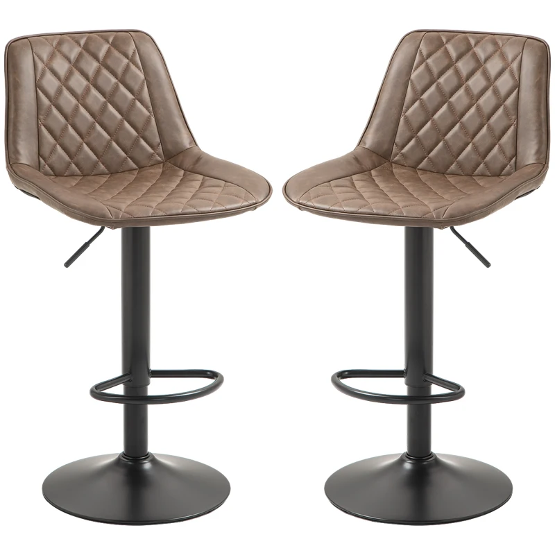 HOMCOM Bar Stools Set of 2, Retro Adjustable Kitchen Stool, Swivel PU Leather Upholstered Bar Chairs with Back, Footrest and Steel Base, Brown