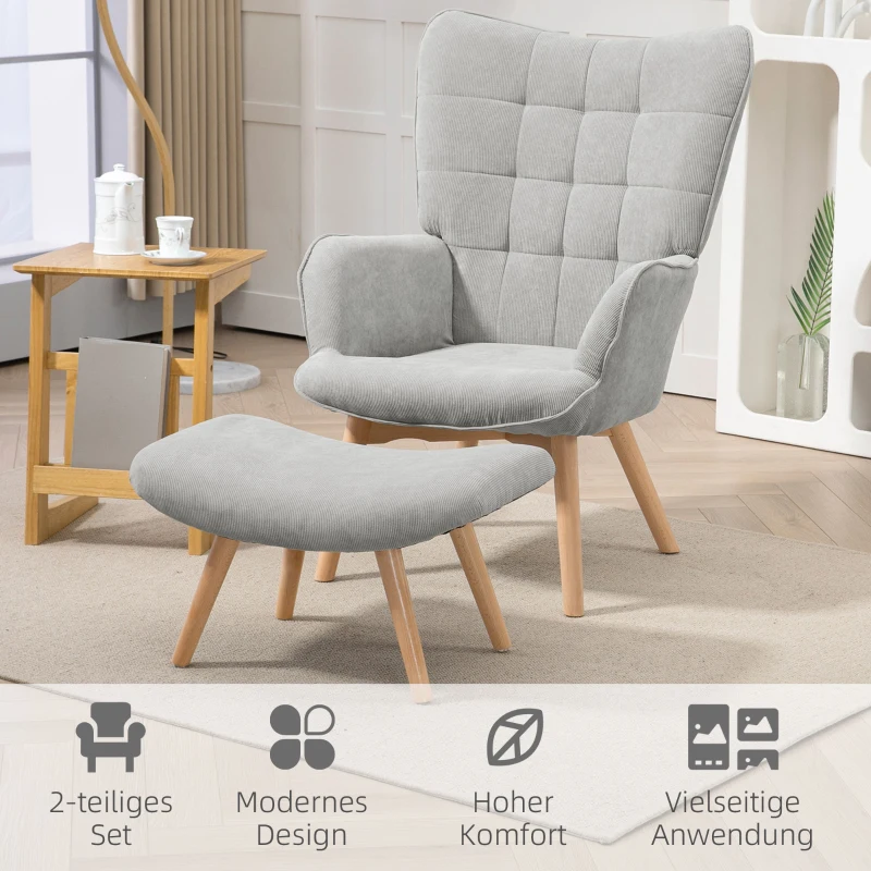HOMCOM Akzentstoel in Scandinavisch design, oorfauteuil, set van stoelen, beukenhout, corduroy-look, grijs