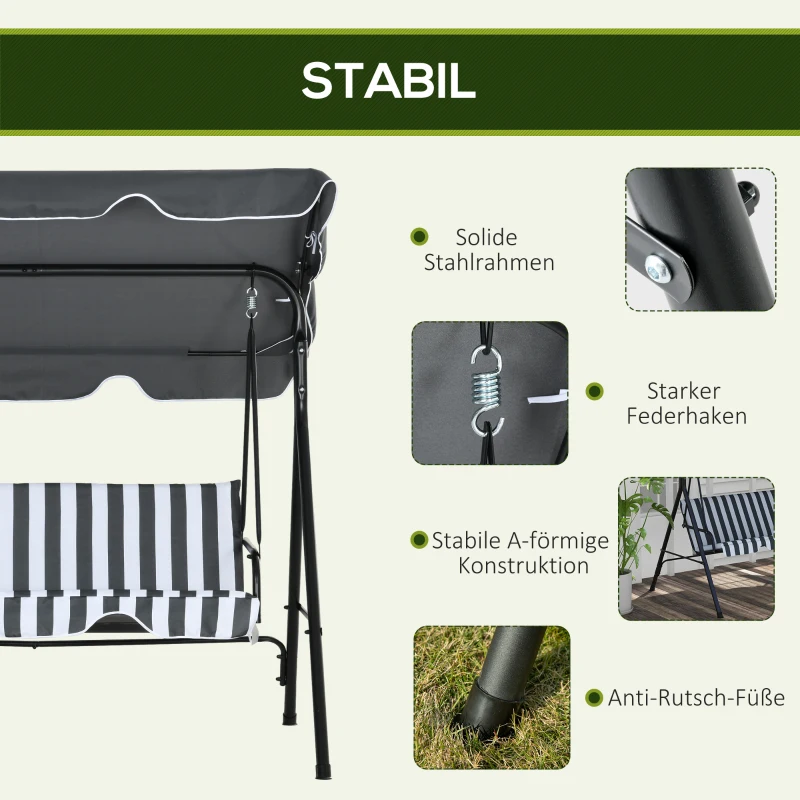 Outsunny Hollywoodschommel, tuinschommel, 3-zits schommelbank met dak, staal, 172 x 110 x 153 cm, Grijs+Wit