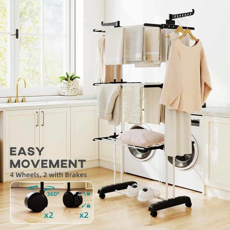 HOMCOM Foldable Clothes Drying Rack, 4-Tier Steel Garment Laundry Rack with Castors for Indoor and Outdoor Use, Black