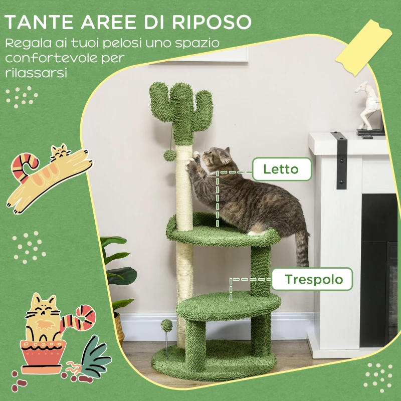 PawHut Albero per Gatti a forma di Cactus con Tiragraffi e 2 Palline da Gioco, 35x31x55.5 cm, Verde e Bianco