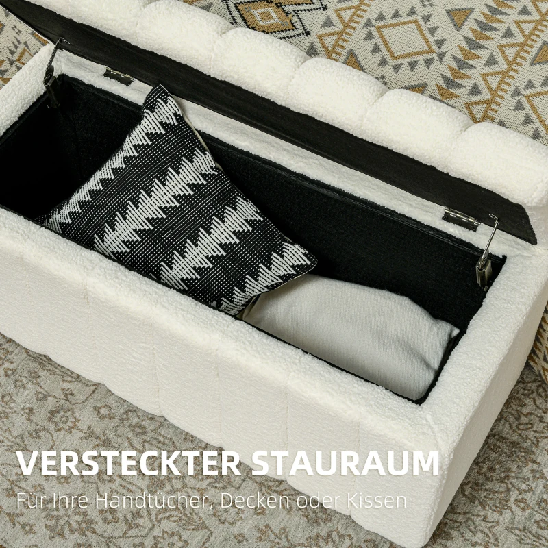 HOMCOM Opbergbank met Zacht Teddypluche, Gestoffeerde Bank met Houten Frame, Bedbank met Opbergruimte, Schoenenbank voor Slaapkamer, Woonkamer en Hal, 102 x 45 x 46 cm, Crèmewit(m-4)