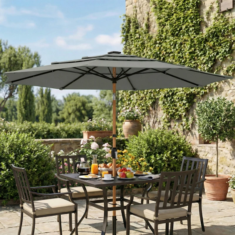 Outsunny Garden Parasol, Parasol Umbrella with 3-tier Roof, Crank Handle, Tilt Function, Polyester Canopy, Grey