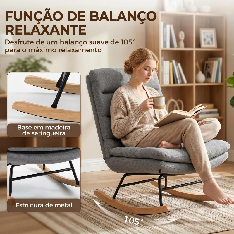 HOMCOM Cadeira de Baloiço em Linho com Almofada Lombar, Encosto Alto, Assento Largo, Dupla Camada, Cinzento Claro