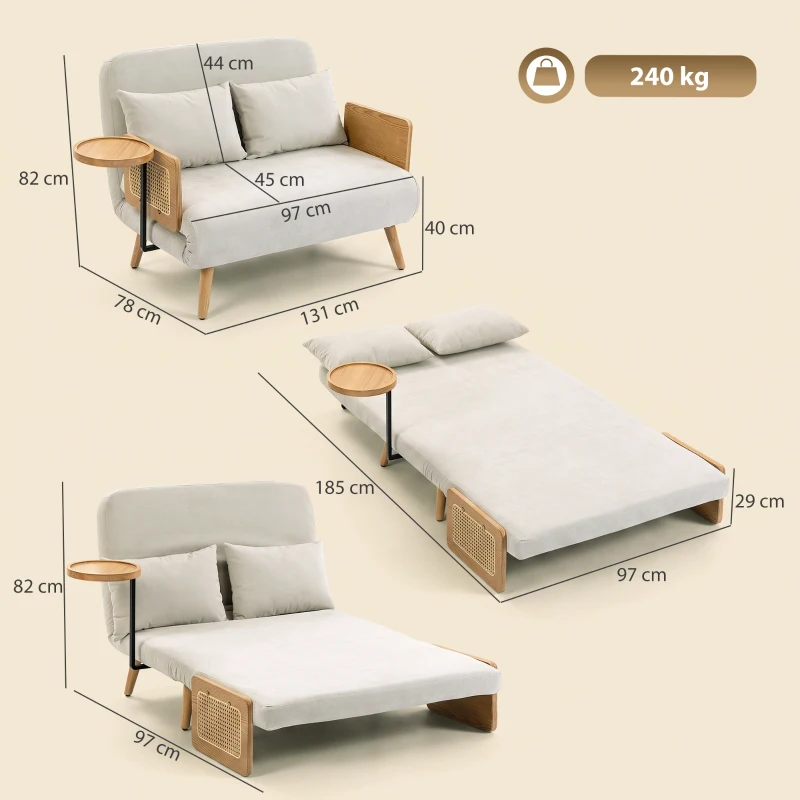 HOMCOM Sofá Cama 2 Plazas Convertible 3 en 1 Tapizado en Chenilla con Respaldo Ajustable Mesa Lateral 2 Almohadas Blanco Crema