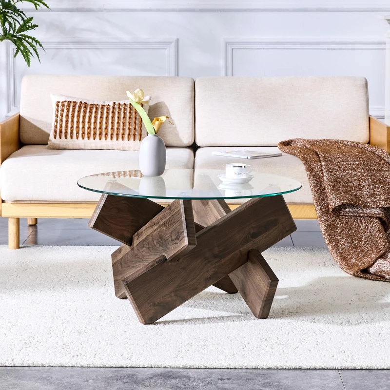 Table basse ronde, design moderne, facile à nettoyer et stable, 79x79x45 cm, Noyer