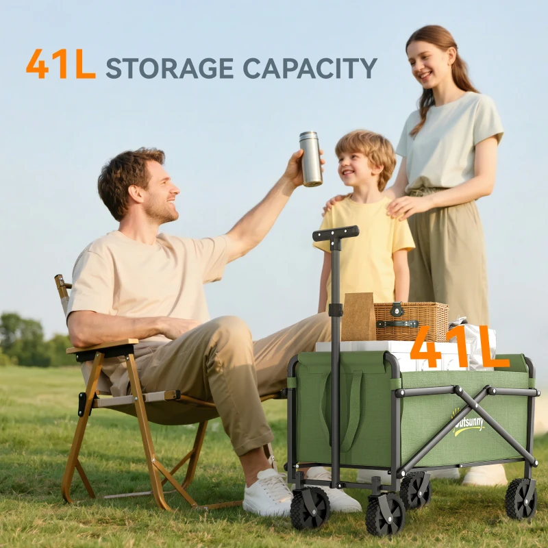 Outsunny 62L Festival Trolley on Wheels, Portable Small Folding Trolley Cart, 60kg Heavy Duty Collapsible Foldable Wagon with Adjustable Handle and Carrying Bag for Beach, Camping, Garden, Green