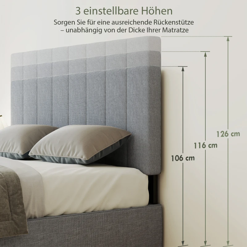 HOMCOM Hoofdeinde 3-voudig in hoogte verstelbaar, gestoffeerd hoofdeinde met metalen poten, linnenlook voor slaapkamer 160x10x106/116/126 cm Grijs