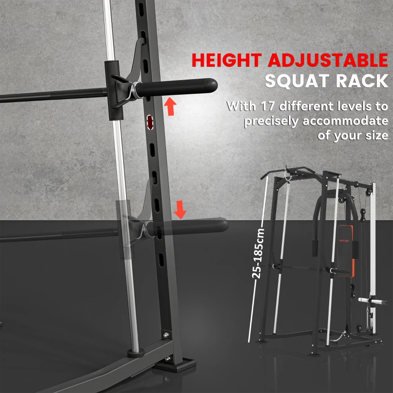 SPORTNOW 3-in-1 Smith Machine with Dual Cable Pulley System, Chest Press Station, 17-Level Squat Rack and Barbell Bar