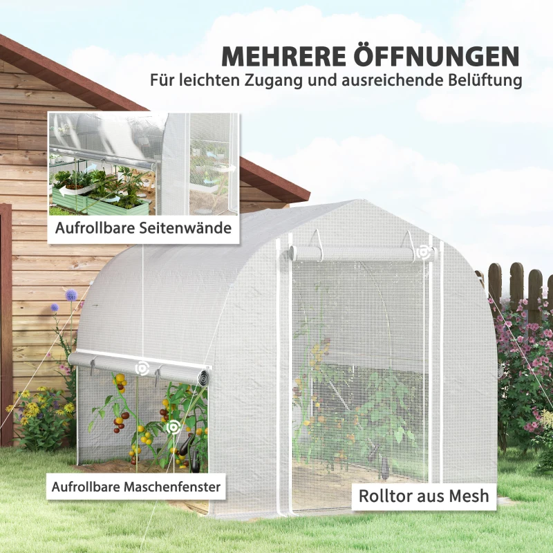 Outsunny 3 x 2 x 2 m polytunnelkas met oprolbare zijwanden, UV-bestendige kunststoffolie en stalen frame, Wit
