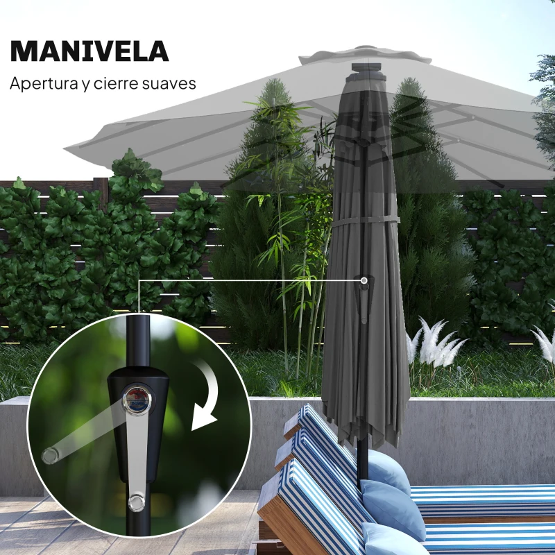 Outsunny Sombrilla Doble de Jardín 4x2 m con 36 Luces LED UPF50+ Manivela 12 Varillas  Resistente al Agua Gris Oscuro