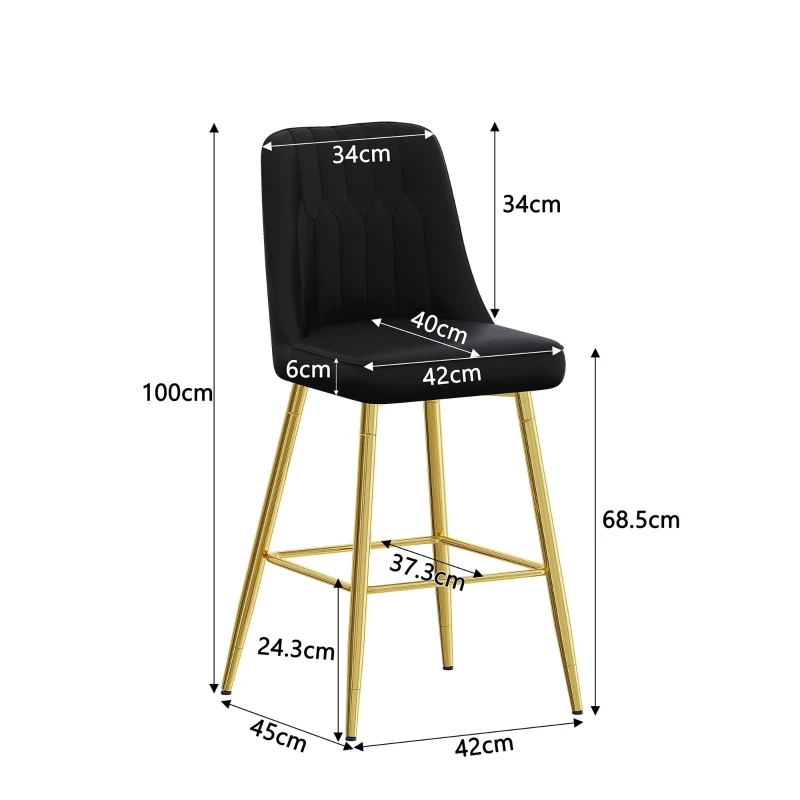 Lot de 2 tabourets de bar, design moderne, repose-pieds et renfort croisé, 42x45x100 cm, Noir+Doré