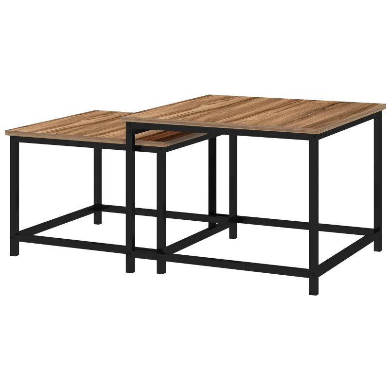 HOMCOM Set van 2 bijzettafels, industrieel design, zwart stalen frame, tafelblad met houteffect