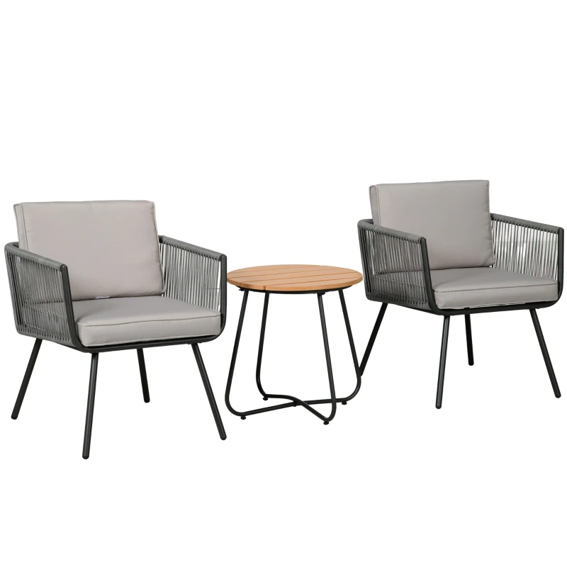 Outsunny Conjunto de Móveis de Jardim de Vime 3 Peças Incluí 1 Mesa de Centro e 2 Poltronas com Almofadas Acolchoadas Cinzento